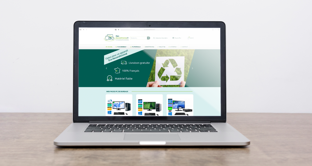 ordinateur portable avec sur l'écran l'accueil du site MonReconditionné.fr