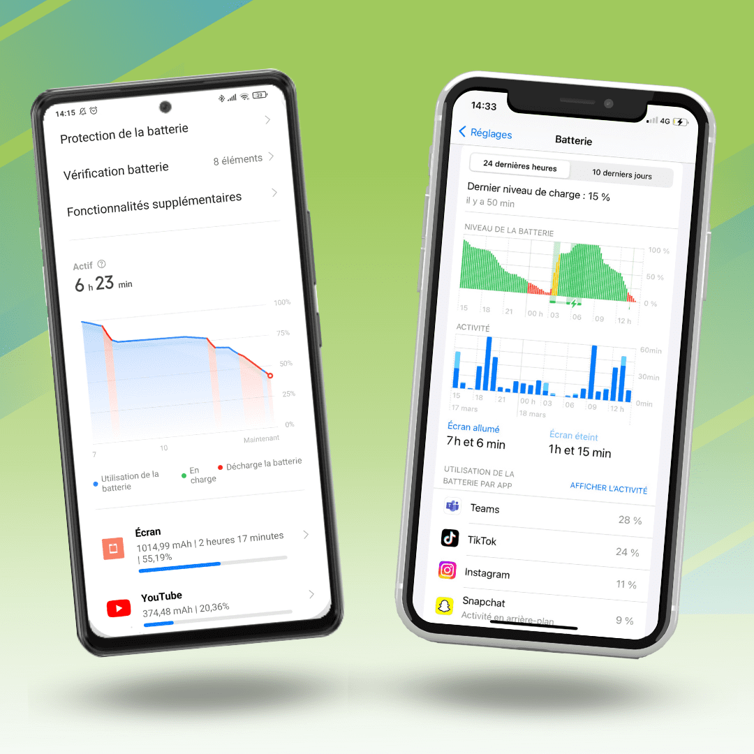 Deux smartphones sur la page réglage batterie